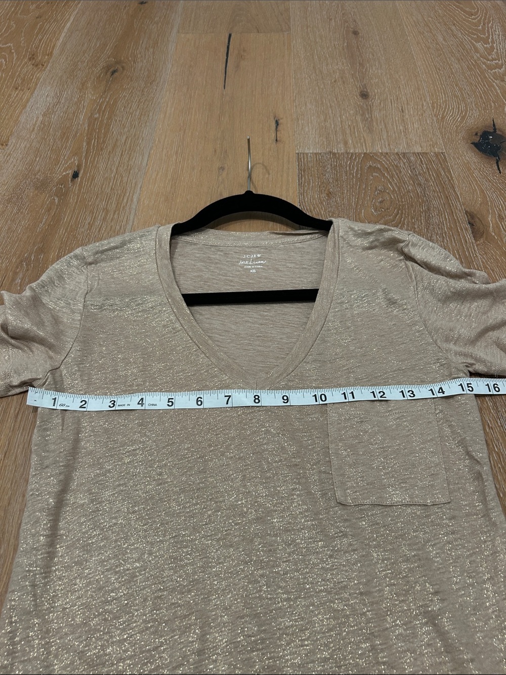 J. Crew Linen Shimmery Gold V-Neck Pocket Tee, XS - Picture 7 of 8